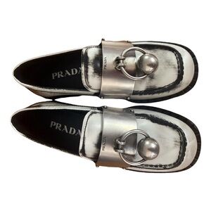Prada Metallic Silver and Black Loafers